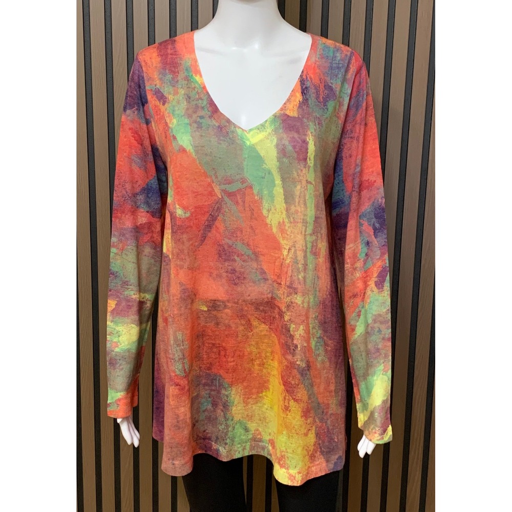 Soft Surroundings Women's Large Abstract Print V-Neck Long Sleeve Top Lagenlook